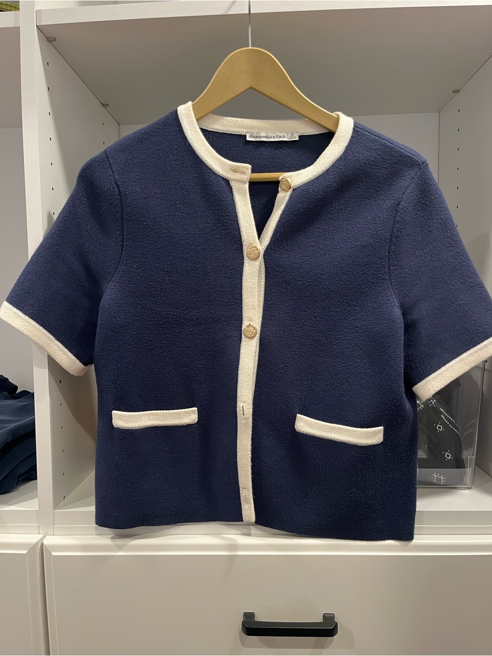 Abercrombie & Fitch Navy Knit Cardigan with Cream Trim and Gold Button